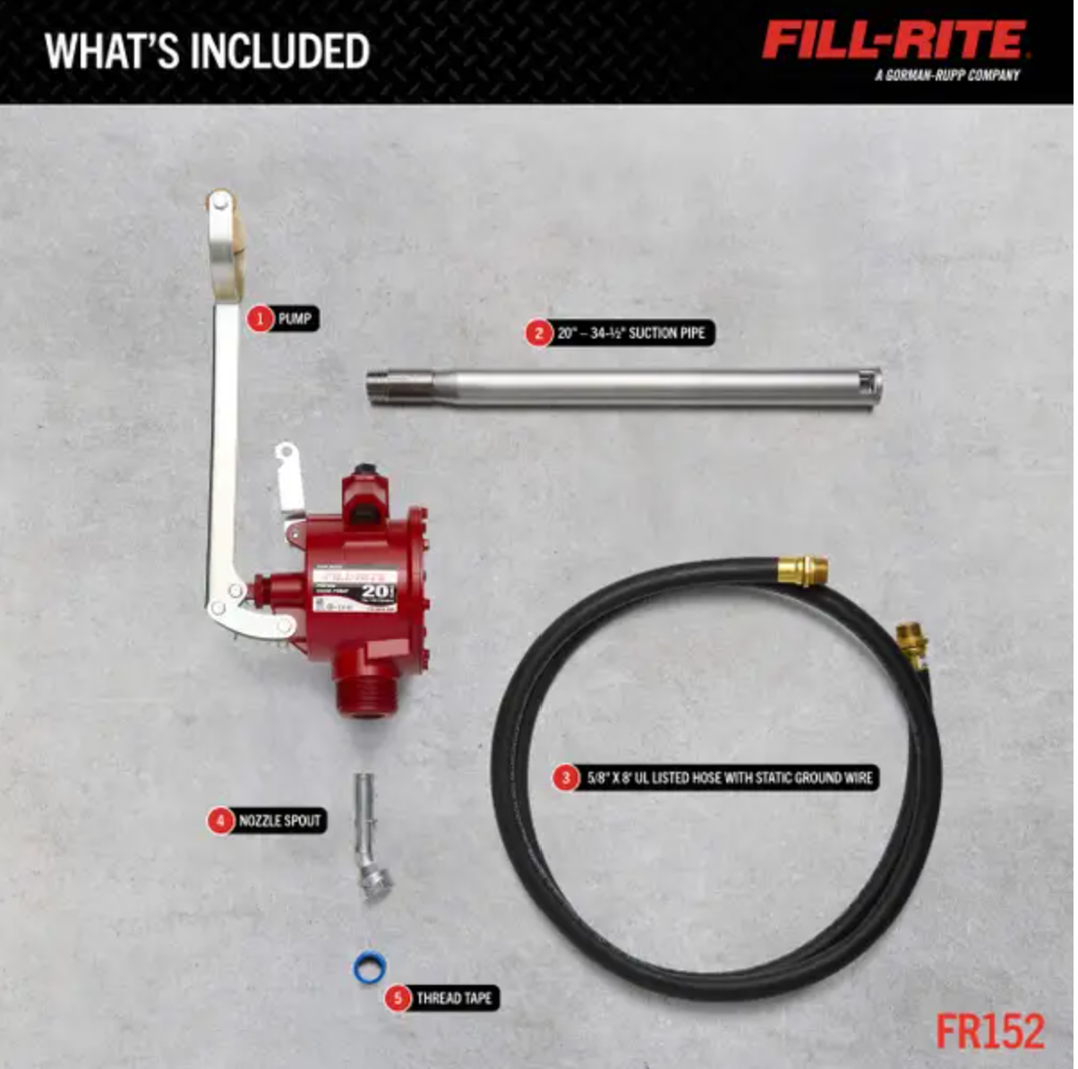 Fill-Rite FR152 Hand Pump, 20 to 34-3/4 in L Suction Tube, 3/4 in Outlet, 20 gal/100 Stroke, Cast Aluminum