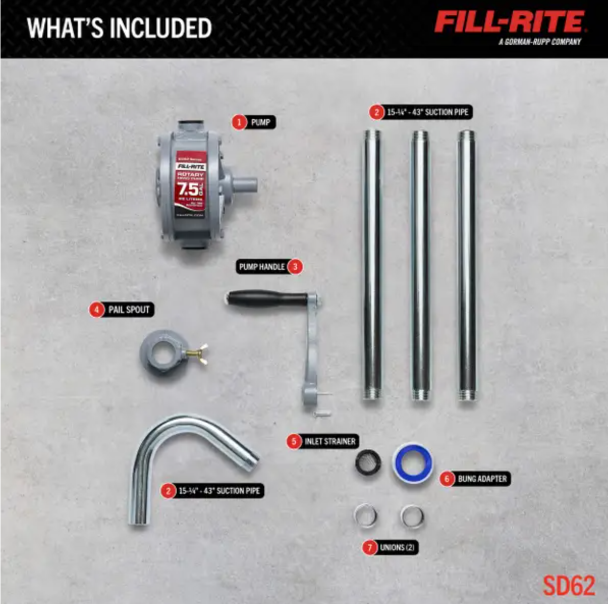 Fill-Rite SD62 Hand Pump, 13 to 39 in L Suction Tube, 2 in Outlet, 7.5 gal/100 Revolution, Aluminum