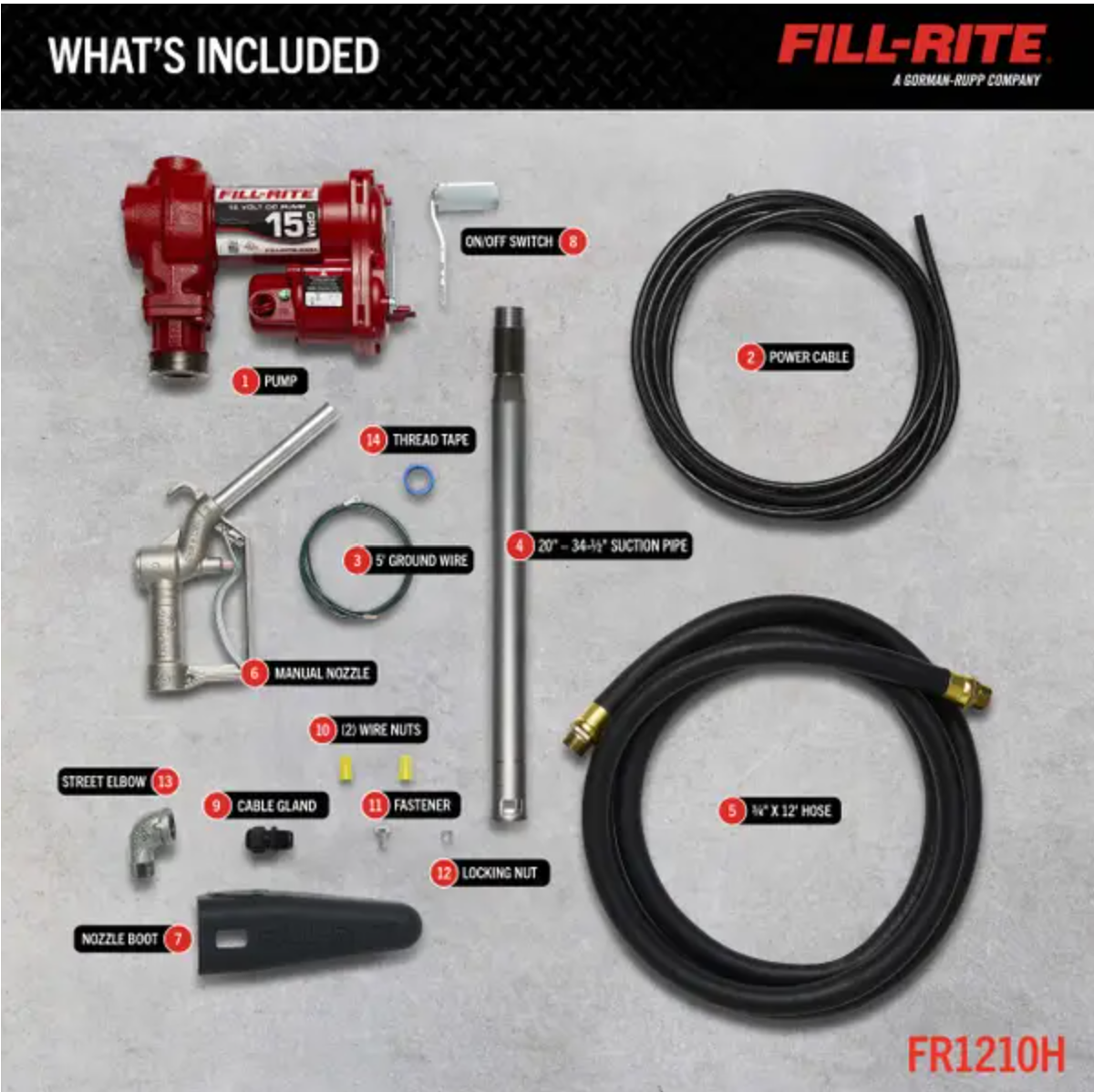 Fill-Rite FR1210G/FR1210C Fuel Transfer Pump, Motor: 1/4 hp, 12 VDC, 20 A, 30 min Duty Cycle, 3/4 in Outlet, 15 gpm