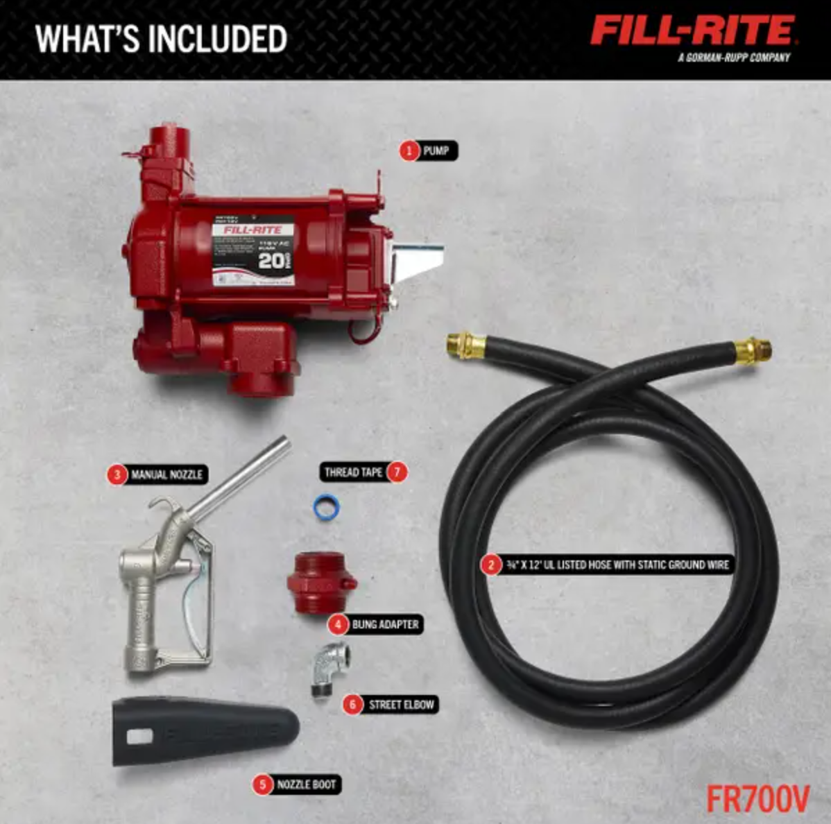 Fill-Rite FR700V Fuel Transfer Pump, Motor: 1/3 hp, 115 VAC, 5.5 A, 1725 rpm, 30 min Duty Cycle, 3/4 in Outlet