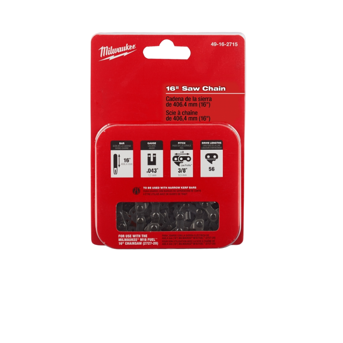 Milwaukee 49-16-2715 Chainsaw Chain, 16 in L Bar, 0.043 in Gauge, 3/8 in TPI/Pitch, 56-Link