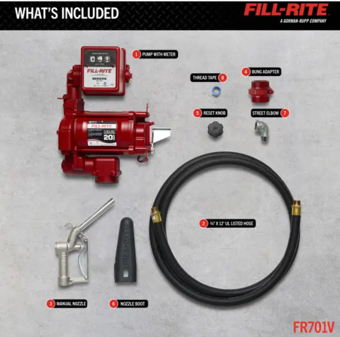 Fill-Rite FR701V Fuel Transfer Pump, Motor: 1/3 hp, 115 VAC, 5.5 A, 1725 rpm, 30 min Duty Cycle, 3/4 in Outlet, Iron