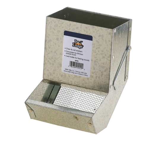 Small Animal Feeder with Sifter Bottom, Steel, Galvanized, Wire Hook Mounting 5" Wide