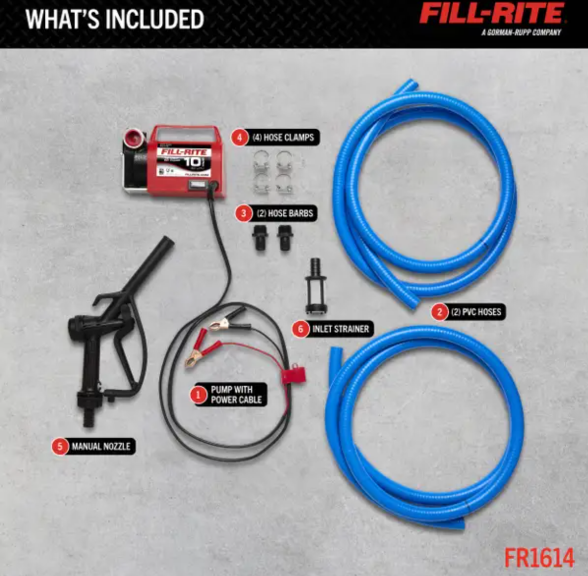 Fill-Rite FR1614 Fuel Transfer Pump, Motor: 1/4 hp, 12 VDC, 20 A, 2800 rpm, 30 min Duty Cycle, 8 ft L Suction Tube